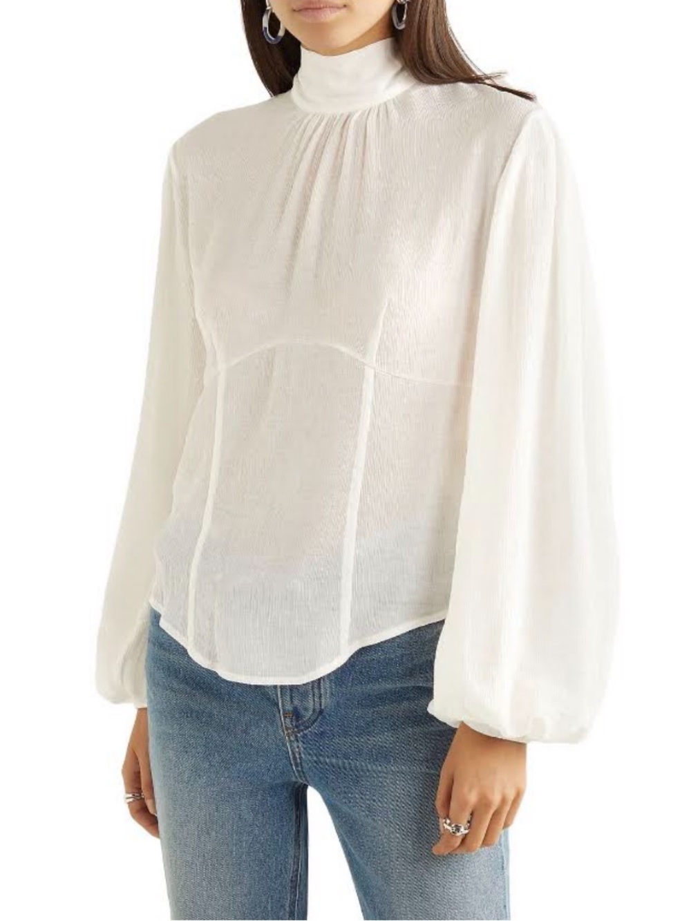 The Range High Neck Crinkled-Voile Bishop Sleeve Blouse